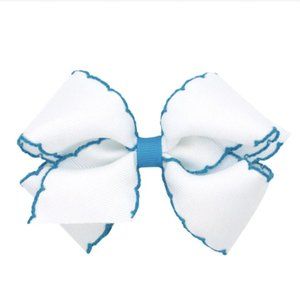 Wee Ones Grosgrain Hair Bow Moon stitch White and Island Blue